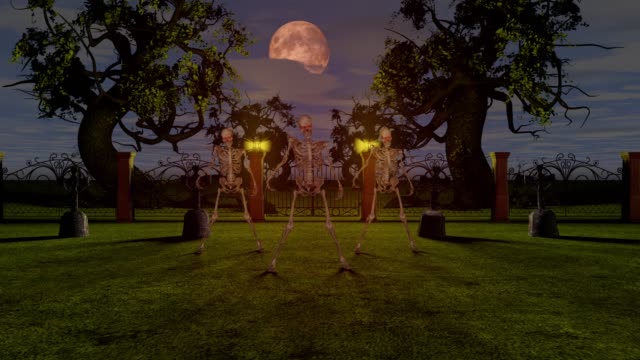 Dancing-skeletons-in-the-cemetery-at-night.-Halloween-concept.