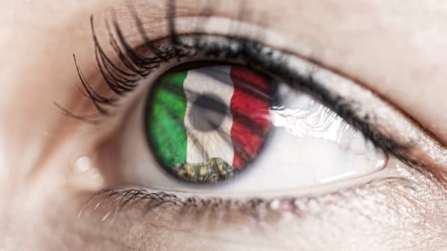 mujer-ojo-verde-en-primer-plano-con-la-bandera-de-Italia-en-el-iris-con-el-movimiento-del-viento.-concepto-de-vídeo