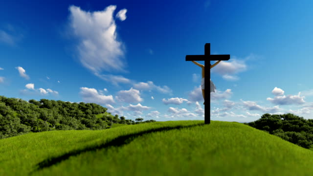Silhouette-of-Jesus-with-Cross-over-blue-sky,-religious-concept