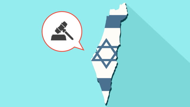Animation-einer-langen-Schatten-Israel-Karte-mit-seiner-Flagge-und-eine-Comic-Sprechblase-mit-einem-Richterhammer