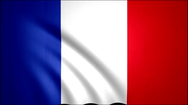 Ondeando-la-bandera-de-la-nación-de-Francia,-animación-bandera-de-Francia-se-mueve-lento-en-fondo-negro-con-filtro-viñeta,-uso-para-nación-grupo-final-de-la-Copa-del-mundo-o-que-muestra-historia-y-heroico-en-la-nacionalidad