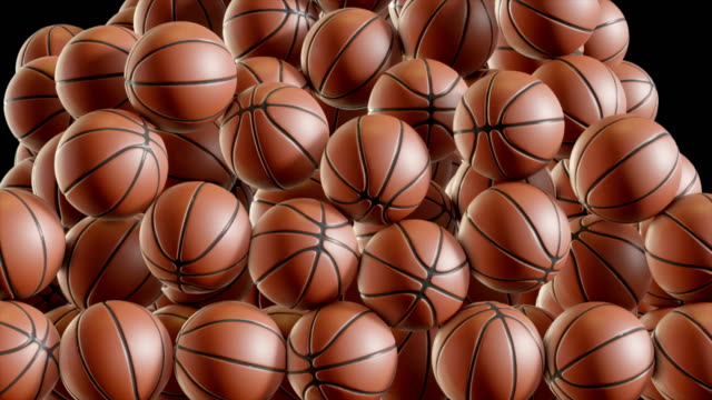 Basketball-fallen-und-sammeln,-bis-sie-die-Bildschirm-3D-Animation-füllen