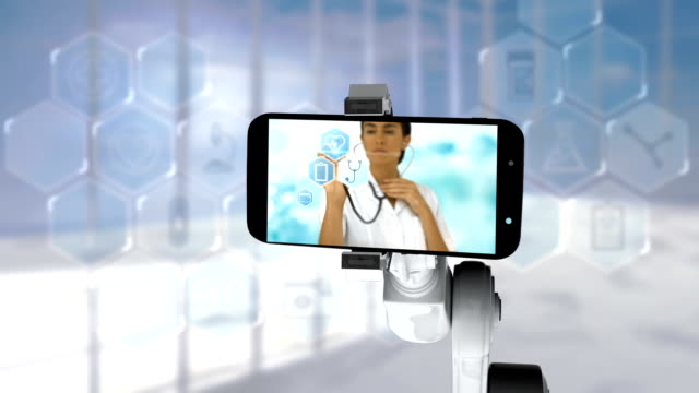 Digitally-generated-video-of-white-robotic-arm-holding-mobile-phone-that-show-medical-icons-on-scree
