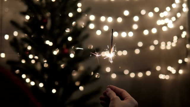 Female-holding-sparkler-with-Christmas-tree-lights-at-party