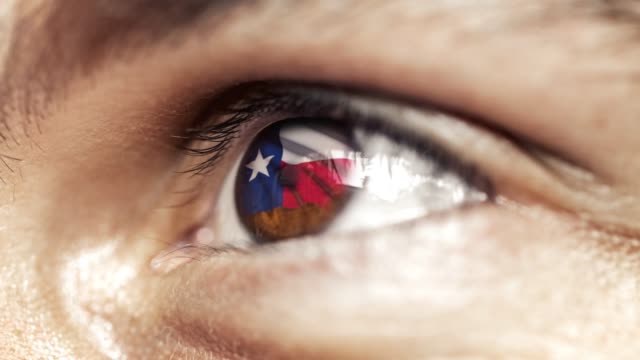 Man-with-brown-eye-in-close-up,-the-flag-of-Texas-state-in-iris,-united-states-of-america-with-wind-motion.-video-concept