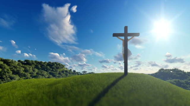 Jesus-on-cross-over-blue-sky,-concept-for-religion