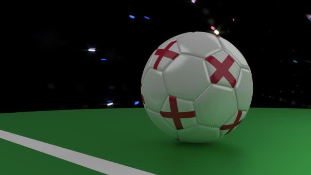 Soccer-ball-with-the-flag-of-England-crosses-the-goal-line-under-the-salute,-3D-rendering