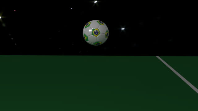 A-soccer-ball-with-the-flag-of-Brazil-rolls-out-over-the-white-line-of-the-football-field,-3D-rendering,-prores-footage