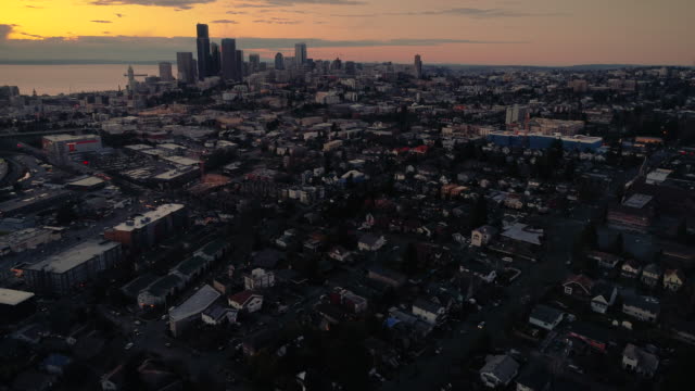 Colorful-Seattle-Sunset-Afterglow-Cityscape-Aerial