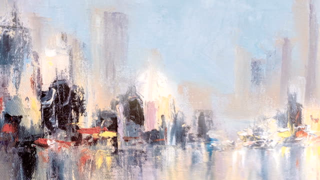 Skyline-city-view-with-reflections-on-water.-Original-oil-painting-on-canvas,-animation-with-teo-layers-and-glitch-effect.