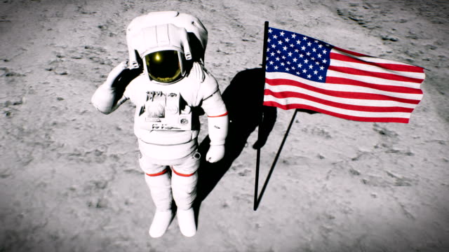 Astronauten-auf-dem-Mond-in-der-Nähe-von-den-USA-Fahne-salutiert.-Realistische-filmische-3D-Hintergrund-animation