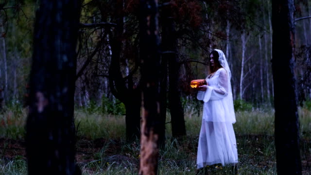 Halloween.-The-young-woman-in-the-bride-dress-walking-through-pine-forest.-4K