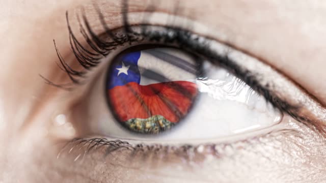 Frau-grünes-Auge-in-Nahaufnahme-mit-der-Flagge-von-Chile-in-Iris-mit-Windbewegung.-Videokonzept