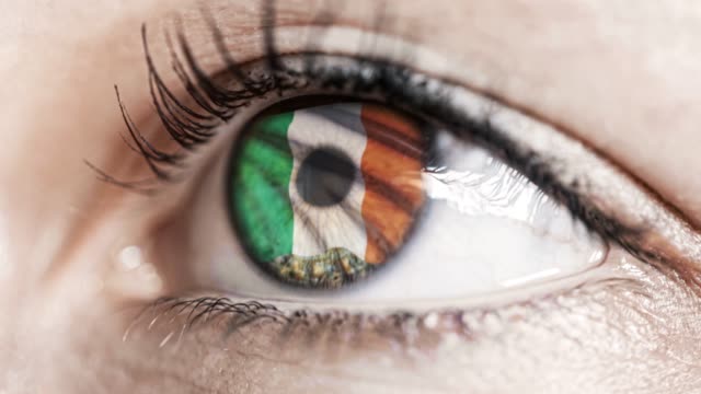 Frau-grünes-Auge-in-Nahaufnahme-mit-der-Flagge-von-Irland-in-Iris-mit-Windbewegung.-Videokonzept