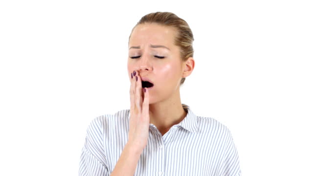 Yawning-Tired-Woman,-White-Background