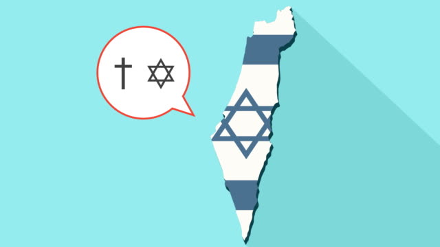 Animation-einer-langen-Schatten-Israel-Karte-mit-seiner-Flagge-und-eine-Comic-Sprechblase-mit-Symbole-der-Religionen-Christentum-und-Judentum