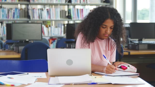 Weibliche-Schüler-arbeiten-am-Computer-In-der-Universitätsbibliothek