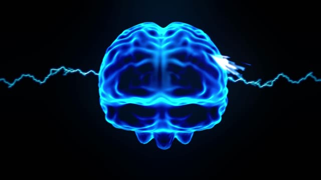 Cerebro-del-holograma-gira-chispas-lazo-de-neurona-de-dolor-de-cabeza-relámpagos-electricidad-4k