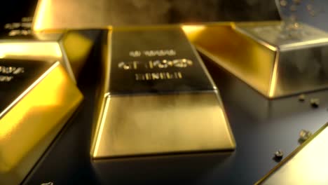 Feine-Goldbarren-1000-Gramm-auf-dem-Boden-mit-verstreuten-Stücke-aus-Gold.-Konzept-des-Reichtums