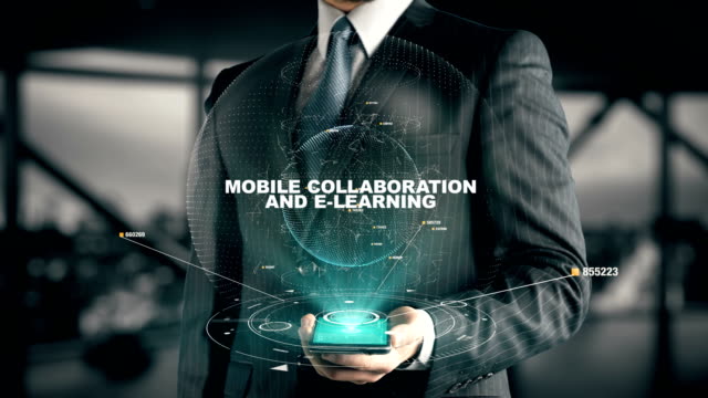 Businessman-with-Mobile-Collaboration And E-Learning-hologram-concept