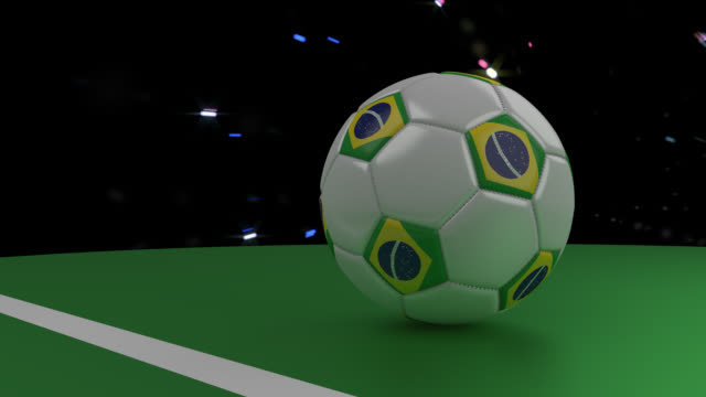 Soccer-ball-with-the-flag-of-Brazil-crosses-the-goal-line-under-the-salute,-3D-rendering