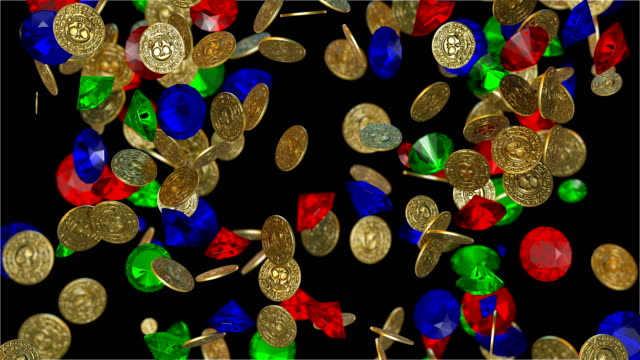 Rain-of-vintage-gold-coins-and-jems.-3D-render