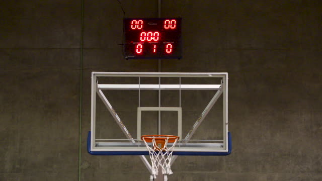 Basketball-Freiwurf-mit-scoring.-Rückwand-und-Shotclock-hautnah.-Flache-Ebene.-Vorderansicht