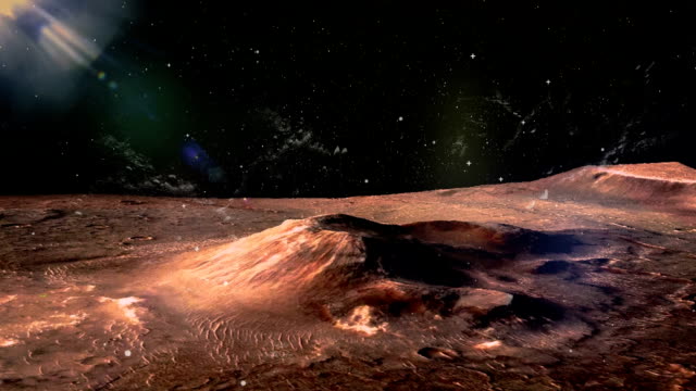 Mars---der-rote-Planet.-Parallax-Animation-der-Bewegung-Staubwolken-und-Sterne.-Marsoberfläche-mit-Hügel-und-Krater-und-Staub-in-der-Atmosphäre.-Linseneffekt.-Die-Elemente-des-Bildes-von-der-NASA-eingerichtet
