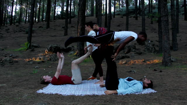 Multi-ethnischen-Gruppe-von-Yogis-praktizieren-Acro-Yoga-im-Kiefer-Bäume-Waldpark