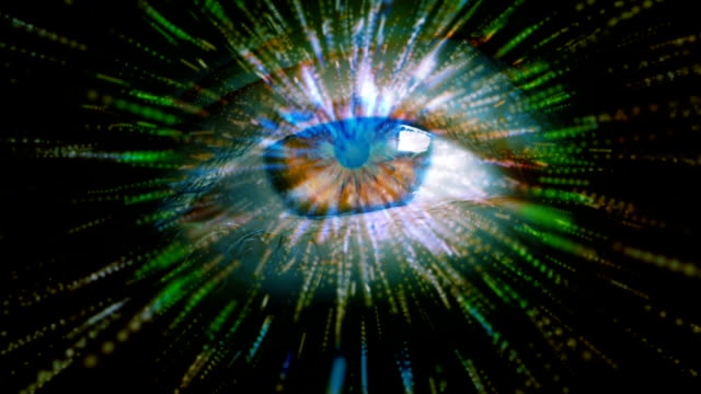 Techno-geometrische-gäbe-Wissenschaft-abstrakten-Hintergrund---menschlichen-zwinkerndes-Auge-mit-radialen-Techno-Strahlen.