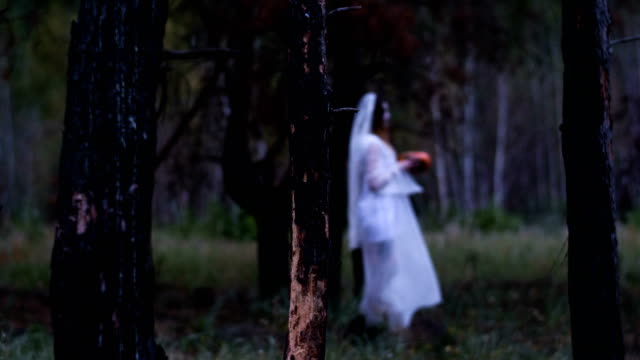 Halloween.-The-young-woman-in-the-bride-dress-walking-through-pine-forest.-4K