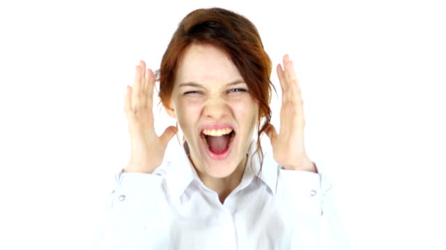 Screaming-Red-Hair-Woman,-White-Background