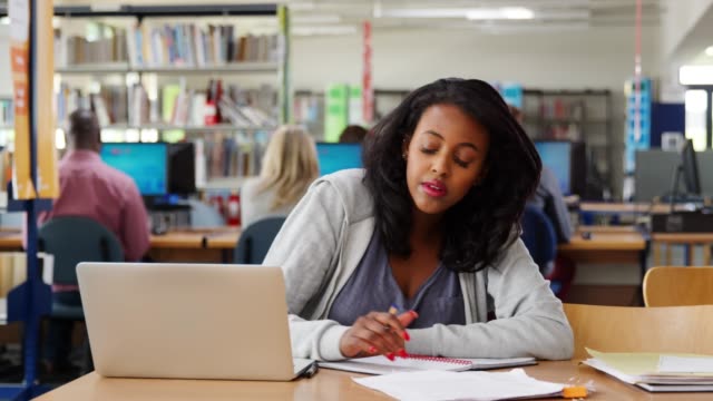 Weibliche-Schüler-arbeiten-am-Laptop-In-der-Universitätsbibliothek