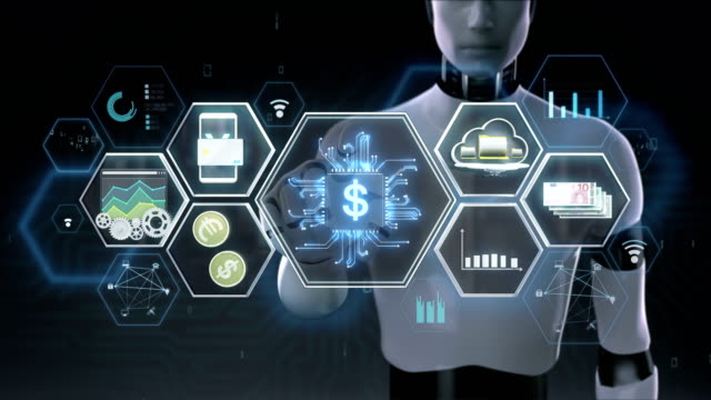 Robot,-cyborg-tocando-el-icono-de-aleta-tech,-tecnología-financiera-y-varios-icono-de-información.-Movie.2-de-tamaño-de-4K.