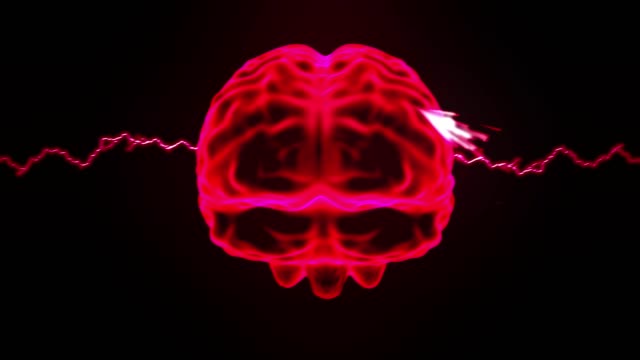 Gehirn-Hologramm-drehen-Funken-Blitz-Elektrizität-Kopfschmerzen-Neuron-Schleife-4k