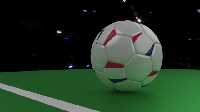 Balón-de-fútbol-con-la-bandera-de-Francia-cruza-la-línea-de-meta-bajo-el-saludo,-Render-3D
