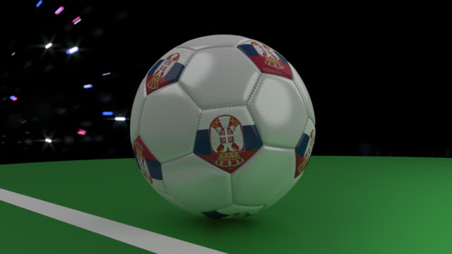 Soccer-ball-with-the-flag-of-Serbia-crosses-the-goal-line-under-the-salute,-3D-rendering