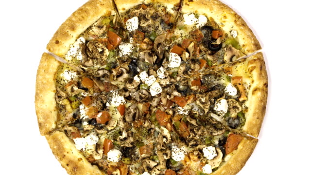 Rotating-pizza-with-smoked-sausage-and-olives-on-a-white-background.-Top-view-center-orientation