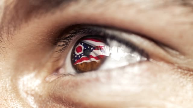 Hombre-con-el-ojo-marrón-de-cerca,-la-bandera-del-estado-de-Ohio-en-iris,-estados-unidos-de-América-con-movimiento-de-viento.-concepto-de-vídeo