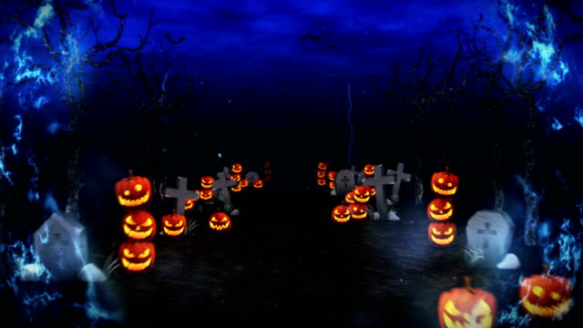 Spooky-Halloween-night,-Pumpkin-in-a-mystic-forest,-Loop