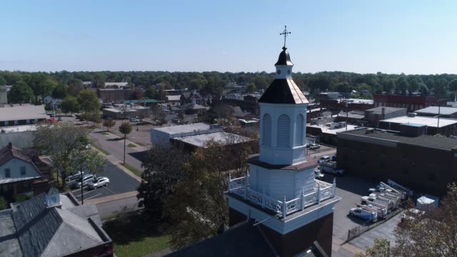 Forward-Dolly-Aerial-Establishing-Shot-of-Small-Town-Salem-Ohio-USA