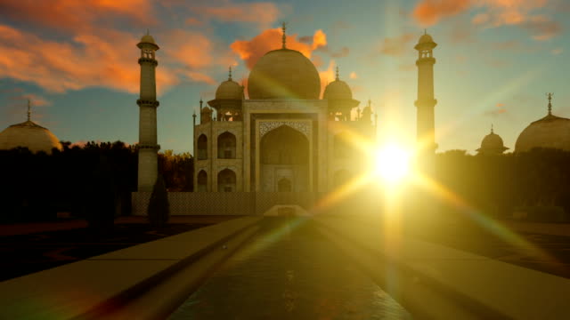 Taj-Mahal-contra-hermoso-cielo-al-atardecer,-alejar
