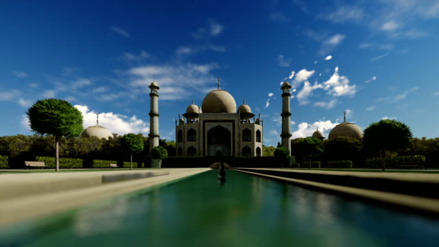 Taj-Mahal-gegen-blauen-Himmel,-Zeitraffer,-4K
