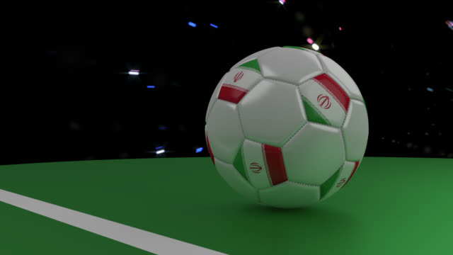 Balón-de-fútbol-con-la-bandera-de-la-cruza-de-Irán-el-objetivo-línea-debajo-del-saludo,-3D-rendering
