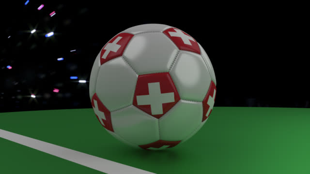 Balón-de-fútbol-con-la-bandera-de-la-cruza-de-Suiza-el-objetivo-línea-debajo-del-saludo,-3D-rendering