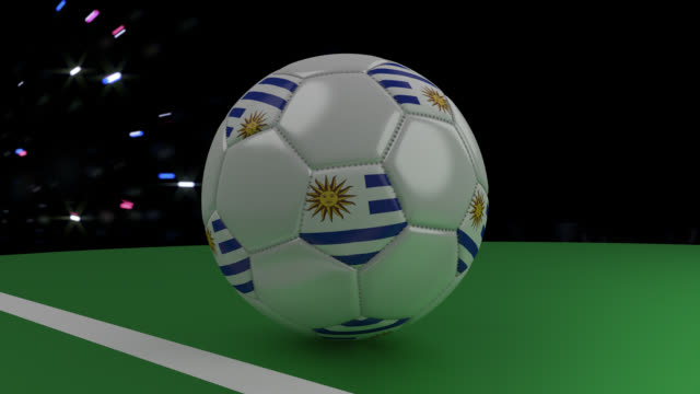 Balón-de-fútbol-con-la-bandera-de-cruces-de-Uruguay-el-objetivo-línea-debajo-del-saludo,-3D-rendering