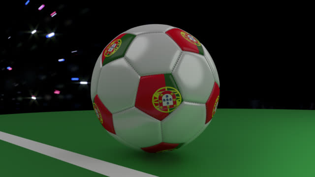 Soccer-ball-with-the-flag-of-Portugal-crosses-the-goal-line-under-the-salute,-3D-rendering