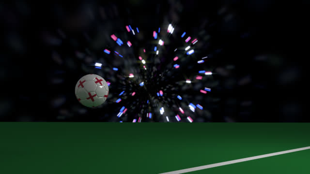 Soccer-ball-with-flag-of-England-crosses-line-of-football-goal,-3d-rendering,-prores-footage