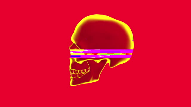 Cráneo-humano-giratorio-estilo-glitch-distorsionada-sobre-fondo-rojo.