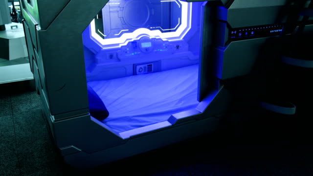 Tecnología-moderna---sleepbox-con-luces-de-neón,-cápsula-de-espacio-lugar-para-dormir-en-el-aeropuerto